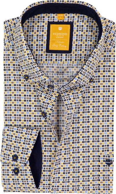 Redmond modern fit overhemd - popeline - wit met blauw - geel en bruin dessin - Strijkvriendelijk - Boordmaat: 39 - 40