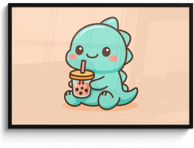 Poster in lijst - Fotolijst 120x80 cm - Posters - Dino - Boba - kawaii - Oranje - Posterlijst zwart - Decoratie - Wanddecoratie woonkamer - Muurdecoratie slaapkamer