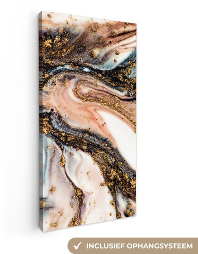 Canvas schilderij 20x40 cm - Wanddecoratie Marmerlook - Goud - Zwart - Glitter - Chic - Muurdecoratie woonkamer - Slaapkamer decoratie - Kamer accessoires - Schilderijen op canvas