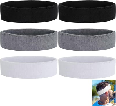 Zweetbandjes Set van 6 - Sport Hoofdbanden 18x5 cm voor Mannen en Vrouwen - Elastische Zweetbanden voor Voetbal Basketbal en Tennis - 2 Zwart 2 Grijs en 2 Wit