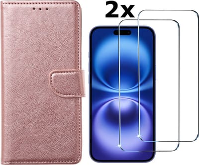 Hoesje Geschikt voor iPhone 16 hoesje bookcase met 2 stuks screenprotectors – Rosegoud