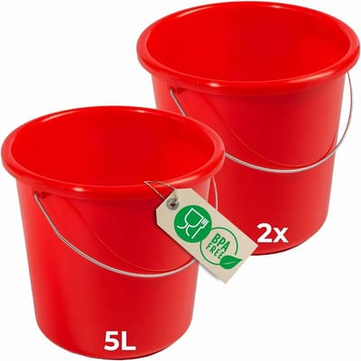 Novaliv 2 stuks emmer 5L rood met maatverdeling - schoonmaak emmer 5 liter? 22,5 cm Praktische alleskunner met schaalverdeling voor huishouden & tuin ideaal als huishoudemmer, wateremmer, dweilemmer, emmer