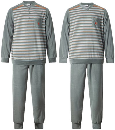Gentlemen - 2 warme heren pyjama's badstof 114289 - knoop- en V-hals - groen - maat M