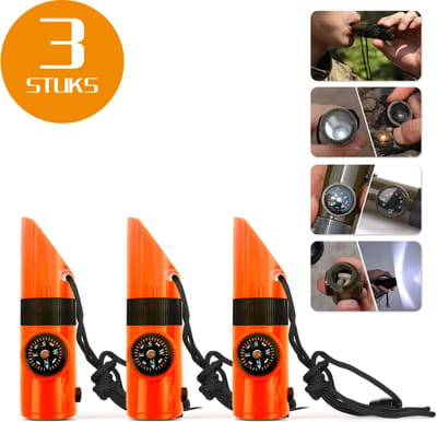 Colorful Sun® 7-in-1 Survivalfluit - 3 Stuks - Oranje - Noodfluit met LED, Kompas, Thermometer, Spiegel, Vergrootglas & Opbergvak - 120 dB Alarmfluit - Voor Noodgevallen, Outdoor, Wandelen, Camping & Sport - Inclusief Sleutelkoord