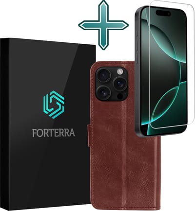 Hoesje Met Screenprotector - Geschikt voor Apple iPhone 16 Pro - Luxe Pasjeshouder - Flipcase - Bookcase Portemonee - Flip Case - Kunstleer Book Case - Book Cover - Walletcase - Portemonneehoes - Bruin