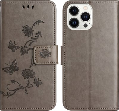 Coverup Hoesje - Geschikt voor iPhone 16 Pro Hoesje - Coverup Bloemen & Vlinders Book Case - Taupe Grijs