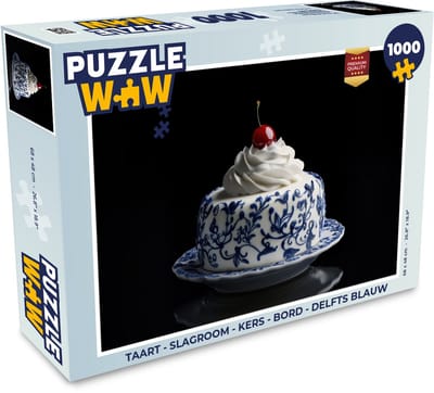 Puzzel Taart - Slagroom - Kers - Bord - Delfts blauw - Legpuzzel - Puzzel 1000 stukjes volwassenen