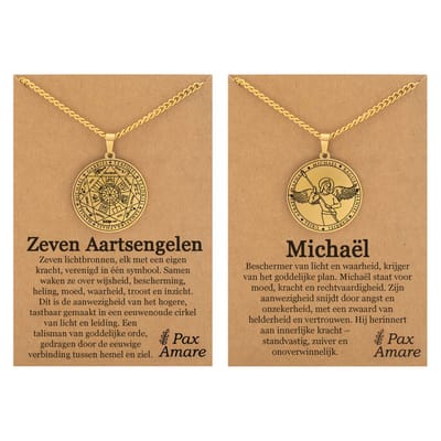 Aartsengel Michaël Ketting Bundel - Goudkleurig - Set van 2 Beschermengel Sieraden - 60cm hanger - Pax Amare
