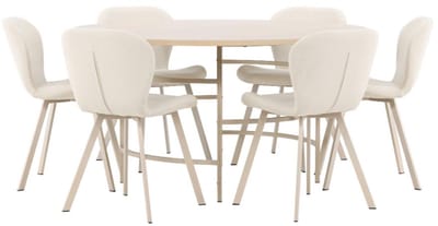 Copenhagen eethoek tafel Ø140cm en 6 stoelen whitewash, beige.