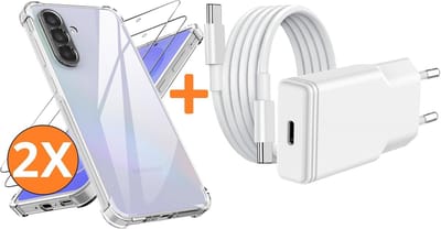 USB C Adapter 20W - USB C Snellader Met 1M USB C Kabel - Hoesje Geschikt voor Samsung Galaxy A37 transparant Anti Shock silicone hoesje met 2x screenprotector- Ntech COMBI-SET