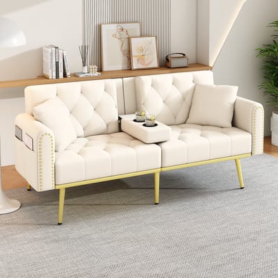 Dubbel opvouwbare slaapbank met ligfunctie - drie verstelbare hellingshoeken en bekerhouder - beige