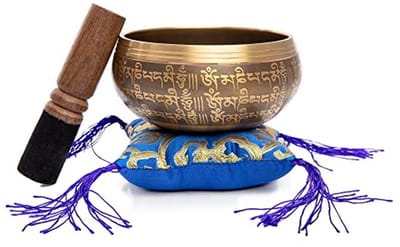 Tibetaanse klankschaalset - gemakkelijk te spelen authentiek, handgemaakt voor meditatie, geluid, chakra yoga genezing 10,5 cm door Himalaya Bazaar (bruin en blauw)