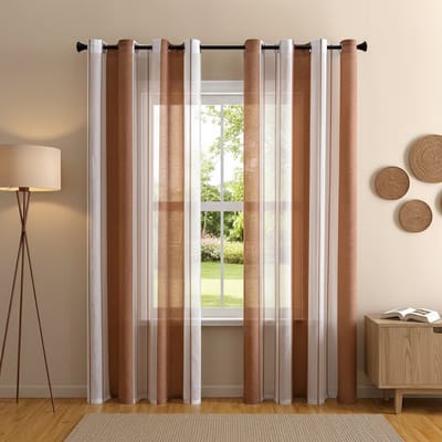 Qelus Set van 2 Vitrages met Ringen - Gestreept Linnenlook Voile Gordijn - Transparant & Luxe - Voor Woonkamer - Voilage à Rayures Oeillets - B140xH145cm