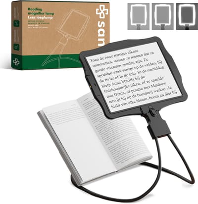 SANTIX® 3-in-1 Lees Loeplamp met LED Verlichting op Standaard, Handvat of om de Nek – Vergrootglas met 5x Vergroting – Leeslamp, Werk- en Bureaulamp – Oplaadbaar, 3 Lichtstanden