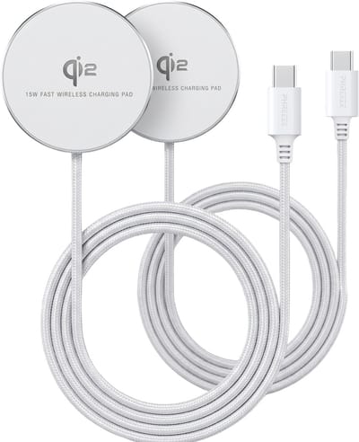 2x Draadloze Oplader 15W Qi2 Gecertificeerd Magnetisch Geschikt voor iPhone 17/16/15/14/13/12 Nylon Wit - Draadloze Oplader - Wireless Charger - Qi2 Oplader