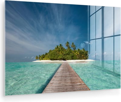 MuchoWow® Glasschilderij 120x80 cm - Schilderij acrylglas - Zee - Pier - Eiland - Foto op glas - Muurdecoratie woonkamer - Wanddecoratie slaapkamer - Schilderijen