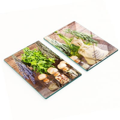 Glazen serveerplanken voor in de keuken met afbeeldingen van kruidenslierten, 2x40x52 cm
