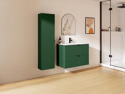Vente-unique Gestreept hangmeubel voor badkamer met inbouwwastafel en kast - Mat groen - 80 cm - ZEVINI