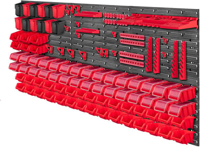 KADAX Gereedschapswandrek, groot, 174 x 78 cm, opslagsysteem van robuust kunststof, uv-bestendig modulesysteem, uitbreidbare wandplaten, werkplaatsrek voor garage (rood, 121 stuks)