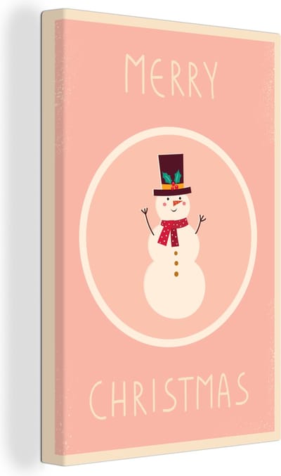 Canvas Schilderij Sneeuwpop - Quotes - Kerst - Merry christmas - Roze - Winter - 60x90 cm - Wanddecoratie