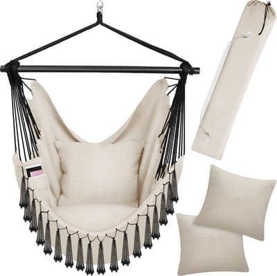 tectake® Hangstoel voor binnen of buiten - Weerbestendig - Met tabletvak en bekerhouder - Macramé schommel voor balkon en tuin - Hangende schommel belastbaar tot 150 kg - Beige