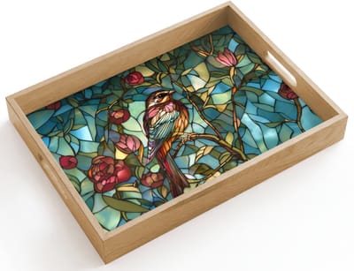 Dienblad hout 40x30 cm - Schootdienblad - Vogel - Tak - Rozen - Mozaïek - Borrelplank rechthoek - Plateau dienbladen