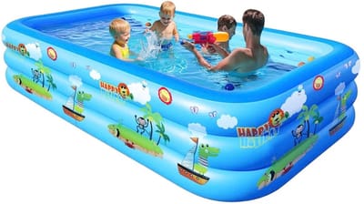 BIXc® - Opblaasbaar kinderzwembad met cartoons - 3 grote rechthoekige ringen - voor kinderen en volwassenen - ideaal voor binnen en buiten - 207 x 130 x 52 cm
