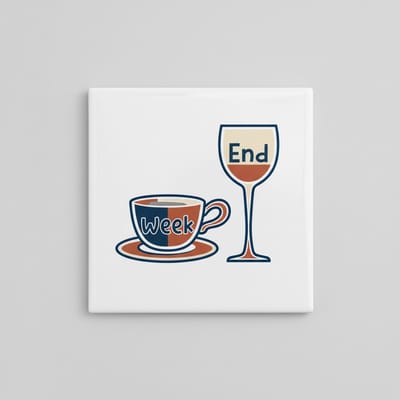End of Week Koffie & Wijn Illustratie Tegel – Weekendgevoel Keuken Wanddecoratie – 15 x 15 cm Keramische Tegel