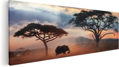 Artaza Canvas Schilderij Afrika - 60x20 cm - Wanddecoratie Olifant - Muurdecoratie Boom - Kamer Accessoires