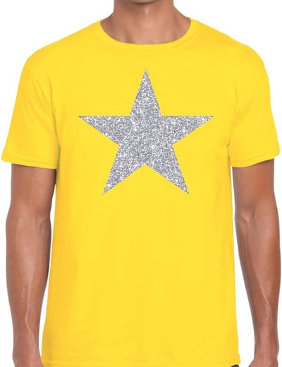 De Ster van de show - verkleed t-shirt - geel - met zilveren ster in glitters - heren - glamour - Disco S