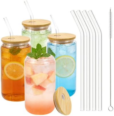 Dailygoods- Glazen 500 ml - Set van 4 - Met deksel - Rietje - Voor latte macchiato/cocktails - Geschikt voor sap/bier/bubble tea - Drinkglazen