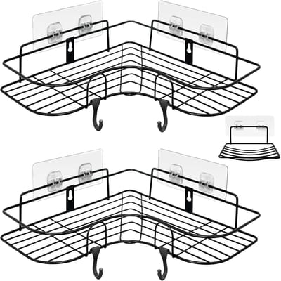 Famanu – Hoek Douchecaddy Set - 2 Pack Badkamer Organisator met Zeepbakje, Zelfklevend Opbergrek voor Toilettassen, Doucheschap Zonder Boren of Boor-Installatie Opties Shampoo Houder, Zwart