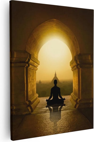 Artaza Canvas Schilderij Boeddha Meditatie - 80x100 cm - Groot - Wanddecoratie Zonsondergang - Muurdecoratie Spiritueel - Schilderijen Op Canvas