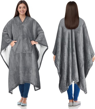 Draagbare Sherpa Poncho Deken Flannel - Superzacht en Warm - voor Volwassenen & Kinderen - Binnen en Buiten