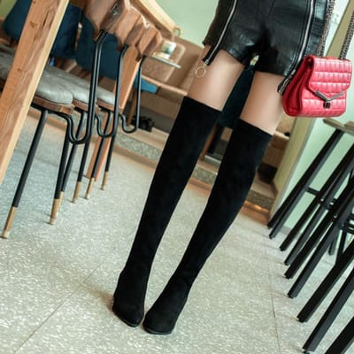 Faux daim femmes sur les bottes au genou à lacets Sexy poussin talons chaussures femme femme bottes hautes Botas dames botte haute 39 noir