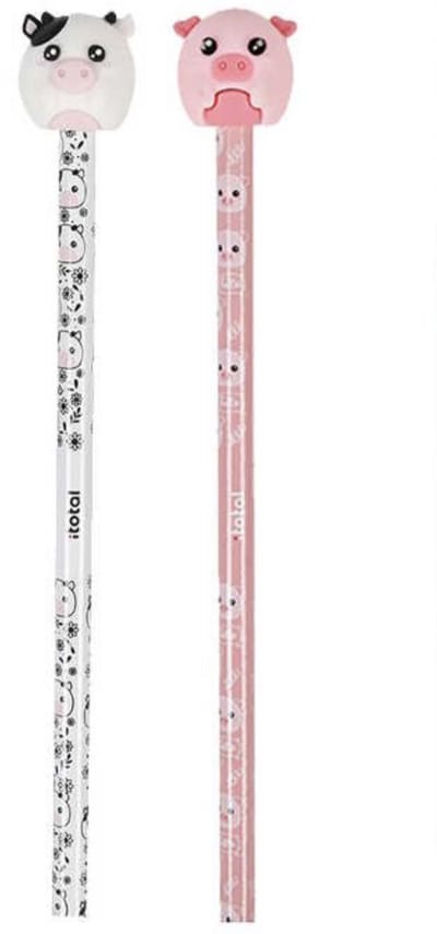 iTotal set van 2 3D Wooden Pencils Potlood “Piggy Hello Pink Love” & “ Cow Moodd” 24gr