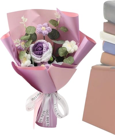 Gehaakt Bloem Boeket - Garen Bloemen - Decoratief Arrangement - Handgemaakt Uniek - 6x26x6 cm - Paars