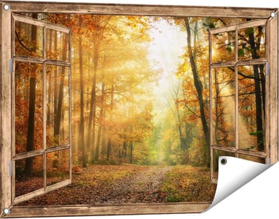 Gards Tuinposter Doorkijk Herfstbos met Zonneschijn - 90x60 cm - Tuindoek - Tuindecoratie - Wanddecoratie buiten - Tuinschilderij
