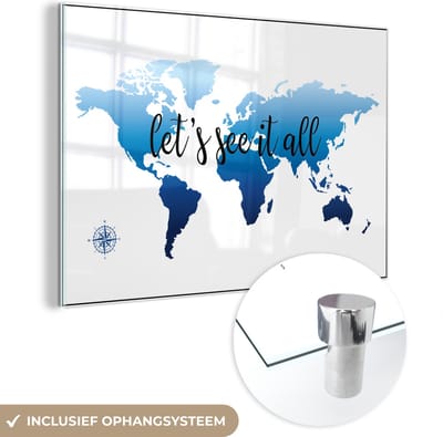 ® Glasschilderij 120x80 cm - Schilderij acrylglas - Wereldkaart - Blauw - Kompas - Foto op glas - Muurdecoratie woonkamer - Wanddecoratie slaapkamer - Schilderijen