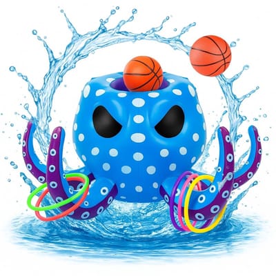 2-in-1 waterbasketbal- en ringwerpspel, blauwe waterspelset, opblaasbaar waterbalspel KRAKI basketbalring met 6 ringen, 2 ballen, 2 pompen, voor kinderen en volwassenen in het zwembad, op het strand of in het zwembad zelf.