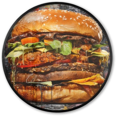 Poster in lijst Rond - Fotolijst 60x60 cm - Posters - Burger - Eten - Kunst - Grijs - Graffiti - Ronde posterlijst zwart - Decoratie - Wanddecoratie woonkamer - Muurdecoratie slaapkamer
