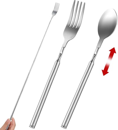 Dailygoods - Uitschuifbare vork- en lepelset, roestvrijstalen lange vork en lepel, intrekbare dinerset, uitbreidbaar tot 25 inch voor BBQ, fruit, dessert