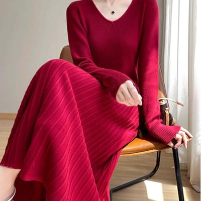 Dames Herfst- en Winter Taille-omsluitende en Slankmakende A-lijn Basisrok Middellange Pullover Lange Mouw Over-de-knie Gebreide Jurk 2XL red