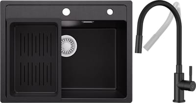 Anycee Max Spoelbak voor keuken 60x46CM - Granieten Spoelbakken Met Keukenkraan - Spoelbak Keuken Zwart - Spoelbak met Afdruiprek