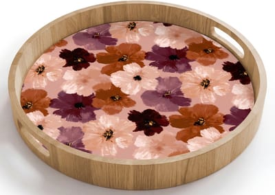 Dienblad rond 40x40 cm - Schootdienblad hout - Bloemen - Abstract - Aardetinten - Borrelplank rechthoek - Plateau houten dienbladen