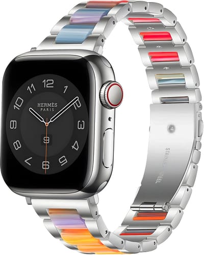Strap-it Luxe Apple Watch bandje - Staal Resin RVS stainless steel - geschikt voor iWatch serie bandjes 1/2/3/4/5/6/7/8/9/10/11/SE/SE2/SE3 - met maat: 38 / 40 / 41 / 42mm - vlinder sluiting - kleurrijk Zilver