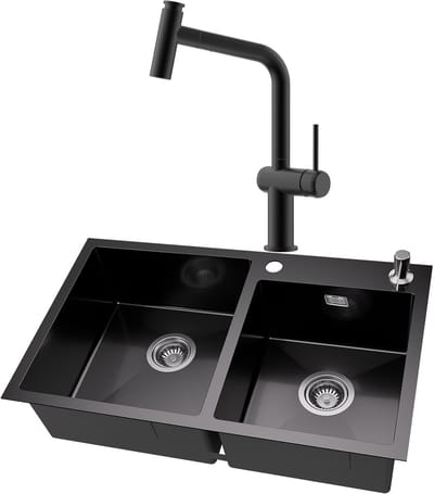 Auralum MAX Dubbele Spoelbak voor keuken 75x45cm Antraciet - Spoelbak Keuken Met Keukenkraan Met Uittrekbare uitloop - Roestvrij staal - Wasbak met waterafvoersysteem - Met zeepdispenser 300ml