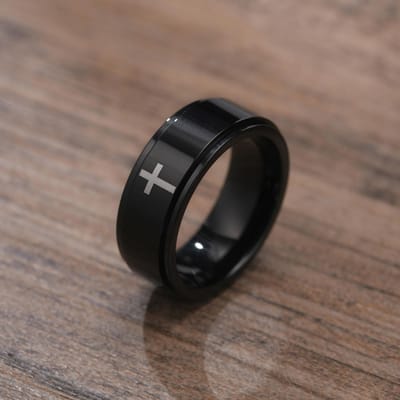 Vnox Spinner Kruisring voor Mannen, Zwart Roestvrij Staal Draaibaar Stressverlichting Vingerband, Jongen Christus Jezus Religie Ring 10 gray