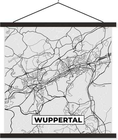 Posterhanger incl. Poster 60x60 cm - Schoolplaat - Kaart - Wuppertal- Plattegrond - Duitsland - Stadskaart - Textielposter - Zwarte latten - Stadskaart