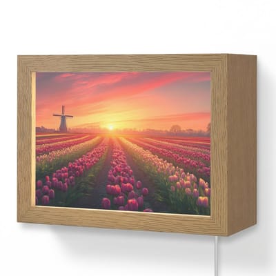 Wandlamp 20x15 cm - Oplaadbaar - Windmolen - Zonsondergang - Landschap - Wandlampen binnen woonkamer - Slaapkamer lamp met kabel - Decoratieve nachtlamp - Vloerlamp snoer